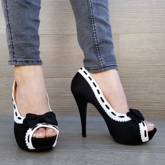 Peep Toe Pin Up Rockabilly Heels Pumps W/ Bow - Picture 2 of 8
